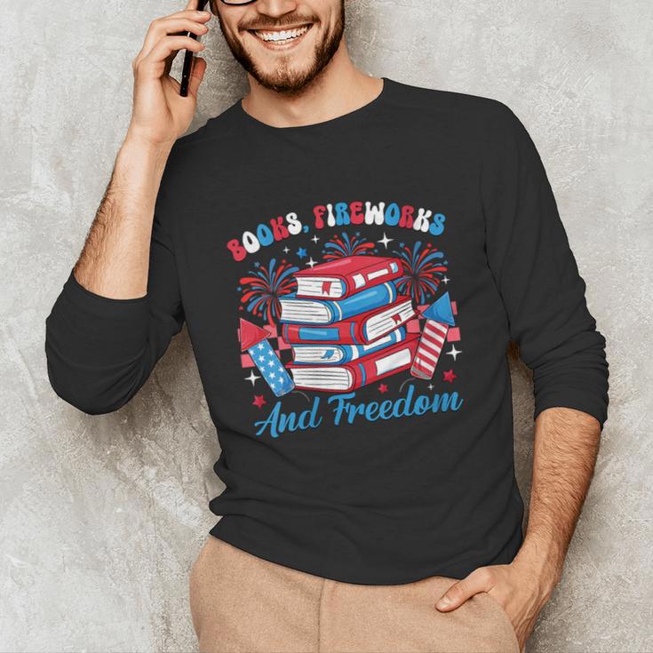 Women's Books Fireworks And Freedom Independence Day Book Lover Unisex Long Sleeve T-Shirt