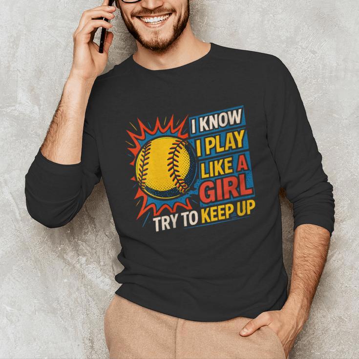 Women's Girls Softball Play Like A Girl Comic Book Pop Art Unisex Long Sleeve T-Shirt Women's Girls Softball Play Like A Girl Comic Book Pop Art Unisex Long Sleeve T-Shirt