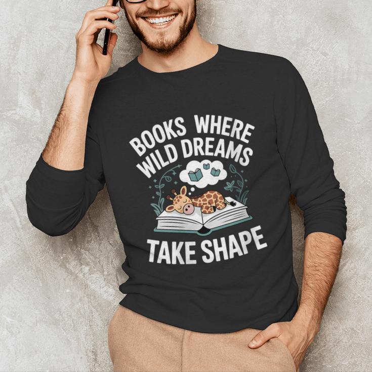 Women's Wild Dreams Reading Giraffe Book Reader Zoo Animals Kids Unisex Long Sleeve T-Shirt