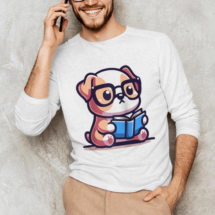 Adorable Book Lover Bulldog With Reading Glasses Cute Raglan Baseball Tee Unisex Long Sleeve T-Shirt