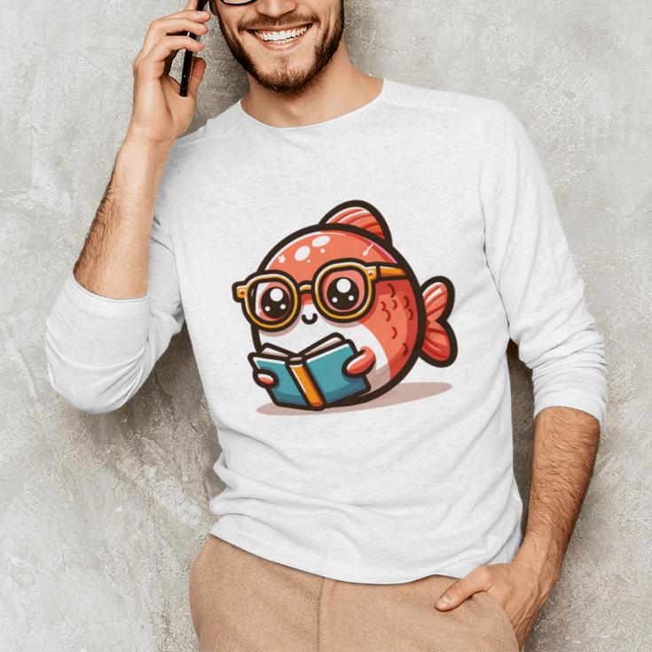 Adorable Book Lover Salmon With Reading Glasses Cute Unisex Long Sleeve T-Shirt