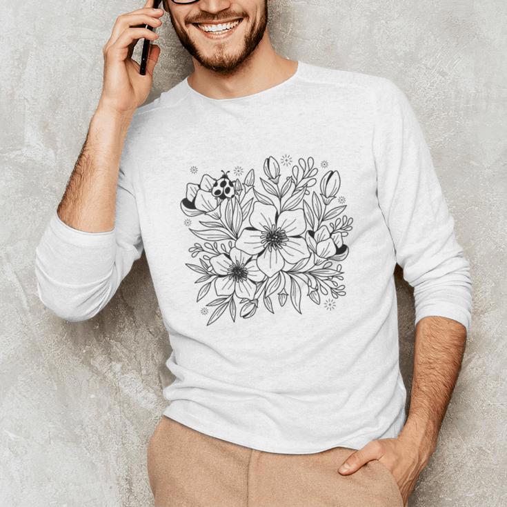 Adult Coloring Book Style Flowers And Ladybug Self Coloring Unisex Long Sleeve T-Shirt