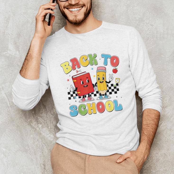 Back To School Checkered Book Pencil Groovy Teacher Student Unisex Long Sleeve T-Shirt