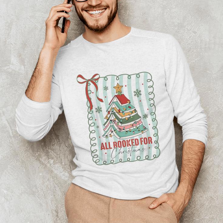 All Booked For Christmas Book Xmas Tree Coquette Bow Lights Unisex Long Sleeve T-Shirt