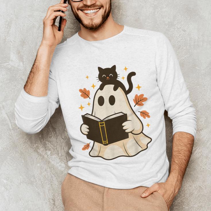 Books Ghost Reading Book Halloween Library Cat Fall Unisex Long Sleeve T-Shirt Books Ghost Reading Book Halloween Library Cat Fall Unisex Long Sleeve T-Shirt