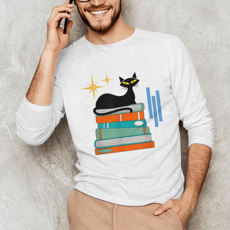Cat And Books Retro Midcentury Mid Century Aesthetic Unisex Long Sleeve T-Shirt Cat And Books Retro Midcentury Mid Century Aesthetic Unisex Long Sleeve T-Shirt