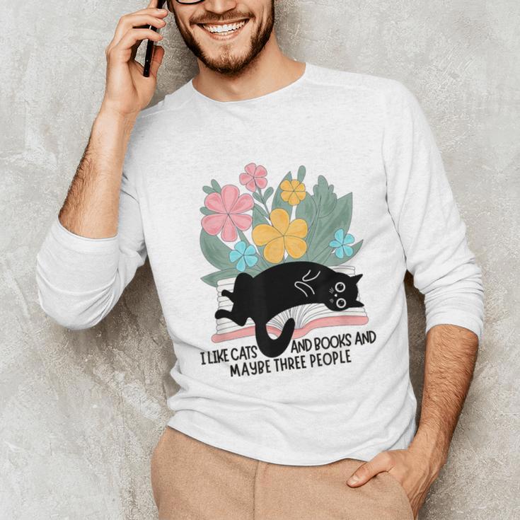 Cat Meme I Like Cats And Books And Maybe Three People Unisex Long Sleeve T-Shirt