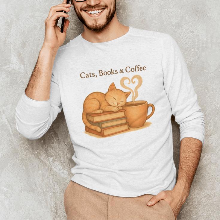 Cats Books And Coffee Heart Cozy Cat Lover Bookworm Readers Unisex Long Sleeve T-Shirt