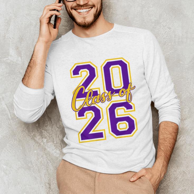 Class Of 2026 Graduation Varsity Purple Yellow On The Back Unisex Long Sleeve T-Shirt