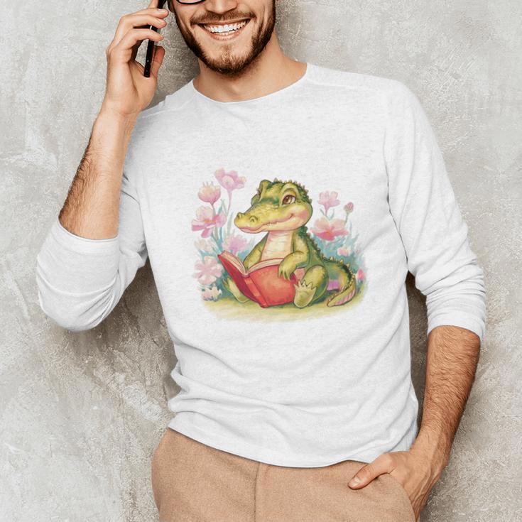 Crocodile Reading Book Watercolor Flowers Kids Unisex Long Sleeve T-Shirt