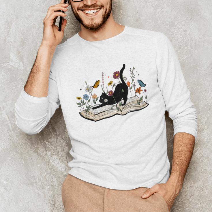 Cute Cat Flower Garden Book Kitty Reading Floral Men Women Girls Kids Unisex Long Sleeve T-Shirt