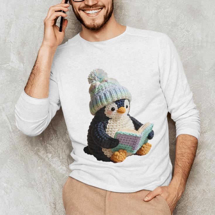 Cute Penguin Reading Book Faux-Crochet Print Unisex Long Sleeve T-Shirt