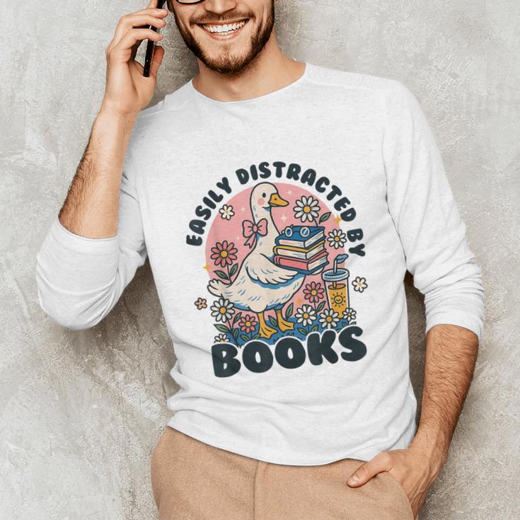 Easily Distracted By Books Read Goose Lover Bookworm Reading Unisex Long Sleeve T-Shirt