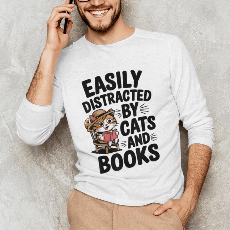Easily Distracted By Cats And Books Lovers Reading Unisex Long Sleeve T-Shirt