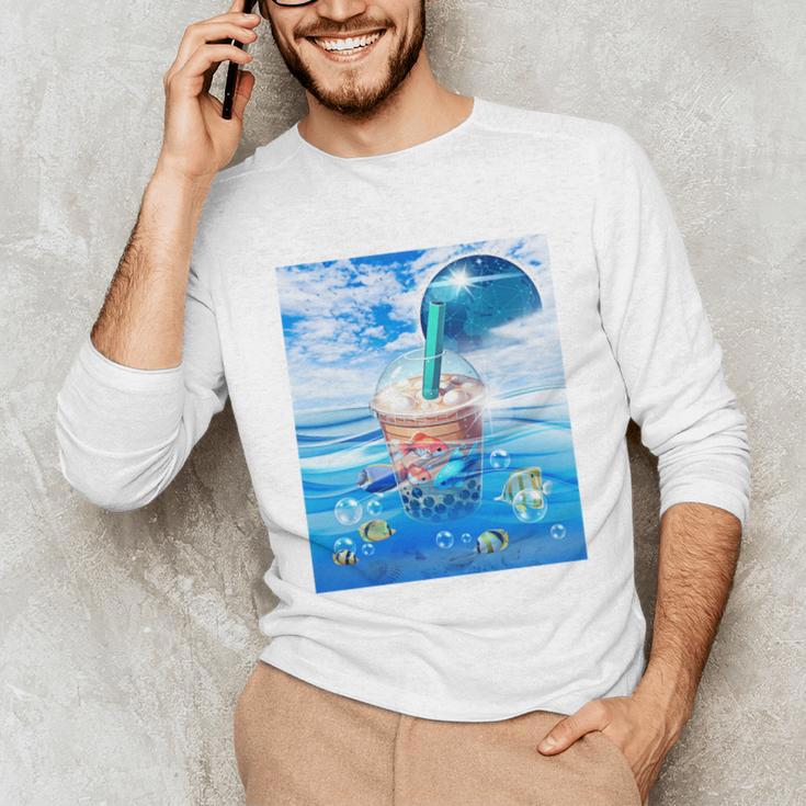 Frutiger Aero Aesthetic Tech Bubble Tea Boba Milktea Fishes Unisex Long Sleeve T-Shirt