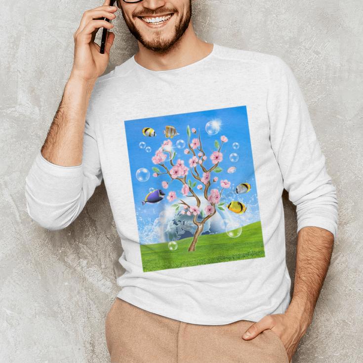 Frutiger Aero Aesthetic Tech Cherry Blossom Fishes Bubbles Raglan Baseball Tee Unisex Long Sleeve T-Shirt