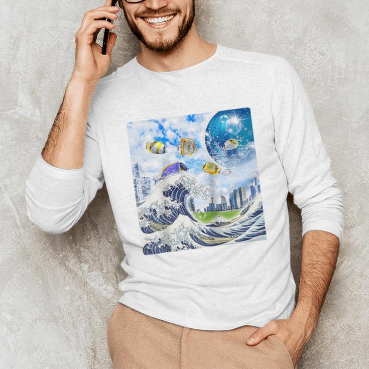 Frutiger Aero Aesthetic Tech Great Wave Of Kanagawa Fishes Raglan Baseball Tee Unisex Long Sleeve T-Shirt