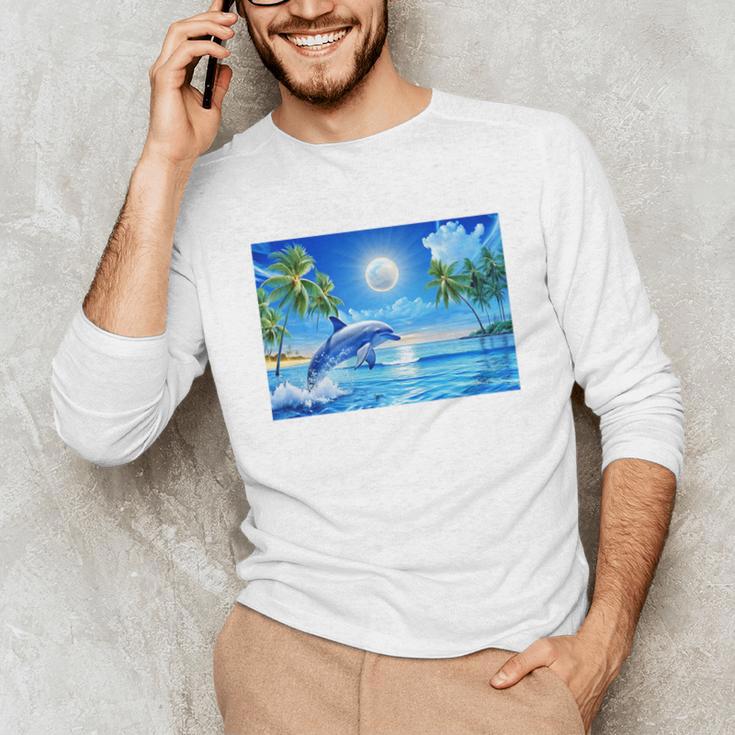 Frutiger Aero Dolphin Sunset Ocean With Palm Trees Y2k Premium Unisex Long Sleeve T-Shirt