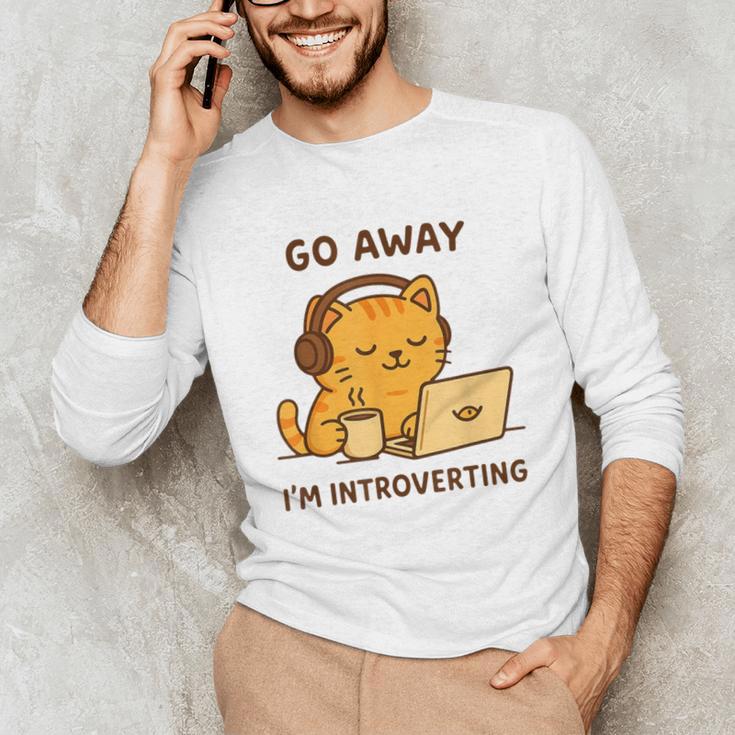 Go Away I'm Introverting Cozy Cat With Laptop And Coffee Unisex Long Sleeve T-Shirt Go Away I'm Introverting Cozy Cat With Laptop And Coffee Unisex Long Sleeve T-Shirt