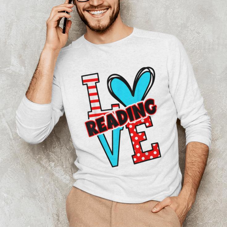 I Heart Books Love Reading Red And Stripe Animated Cat For Men Women Girls Kids Unisex Long Sleeve T-Shirt
