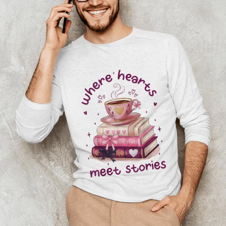Where Hearts Groovy Meet Stories Coffee Books Valentines Day Unisex Long Sleeve T-Shirt