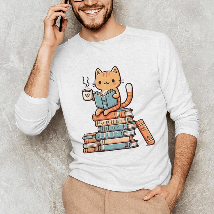 Kawaii Cat Coffee Books Teacher Men Women Girls Kids Unisex Long Sleeve T-Shirt