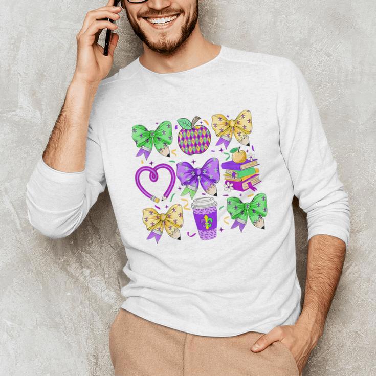 Mardi Gras Teacher Coquette Bow Pencil Apple Book Women Girl Unisex Long Sleeve T-Shirt
