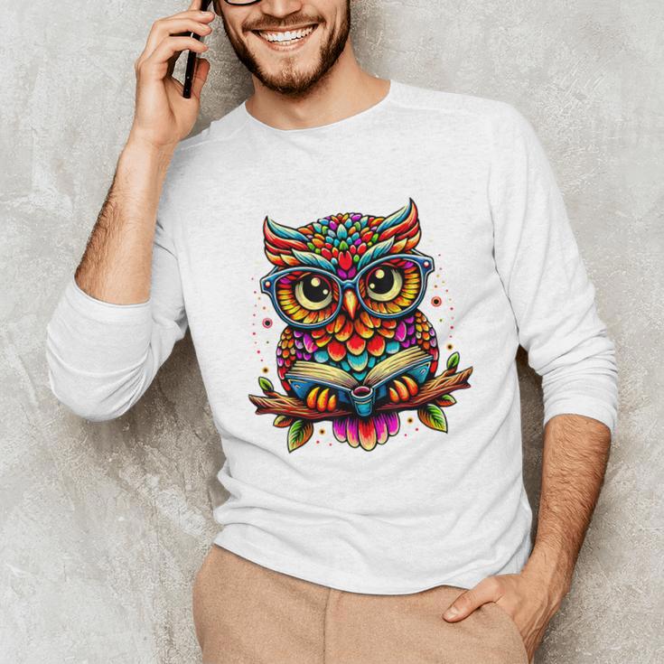 Owl With Glasses And Book Reading Unisex Long Sleeve T-Shirt