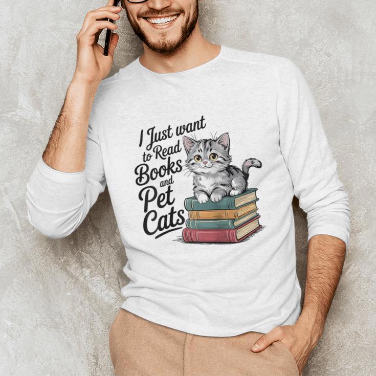 Vintage I Just Want To Read Books And Pet Cats Cat Raglan Baseball Tee Unisex Long Sleeve T-Shirt