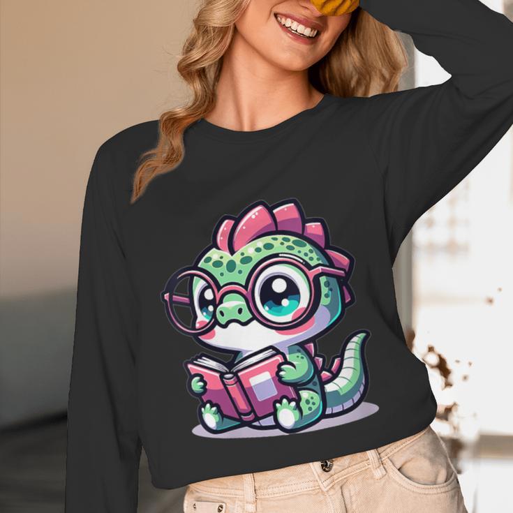 Adorable Book Lover Basilisk With Reading Glasses Cute Unisex Long Sleeve T-Shirt