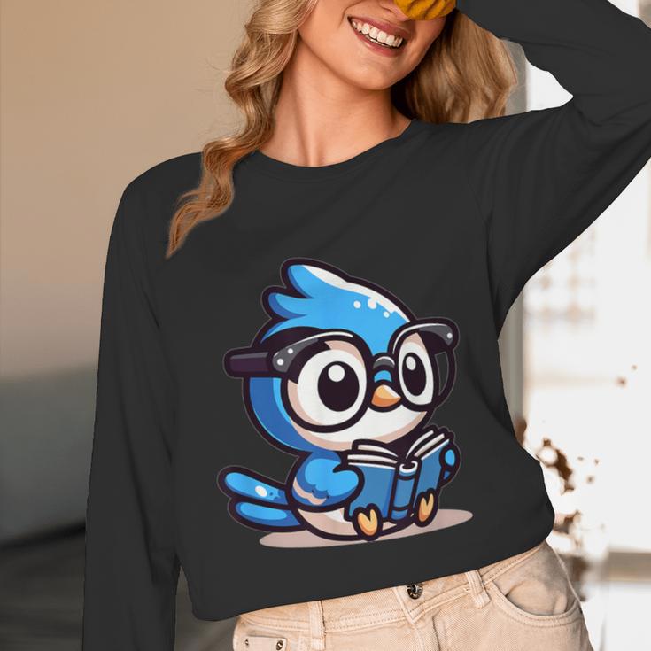 Adorable Book Lover Blue Jay With Reading Glasses Cute Unisex Long Sleeve T-Shirt
