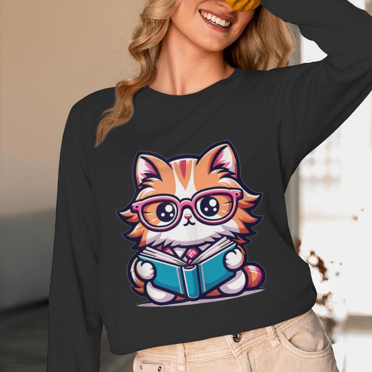 Adorable Book Lover Maine Coon Cat With Reading Glasses Cute Unisex Long Sleeve T-Shirt