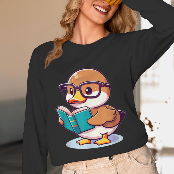 Adorable Book Lover Mallard Duck With Reading Glasses Cute Unisex Long Sleeve T-Shirt