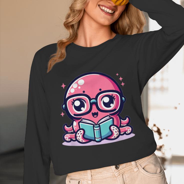 Adorable Book Lover Octopus With Reading Glasses Cute Unisex Long Sleeve T-Shirt