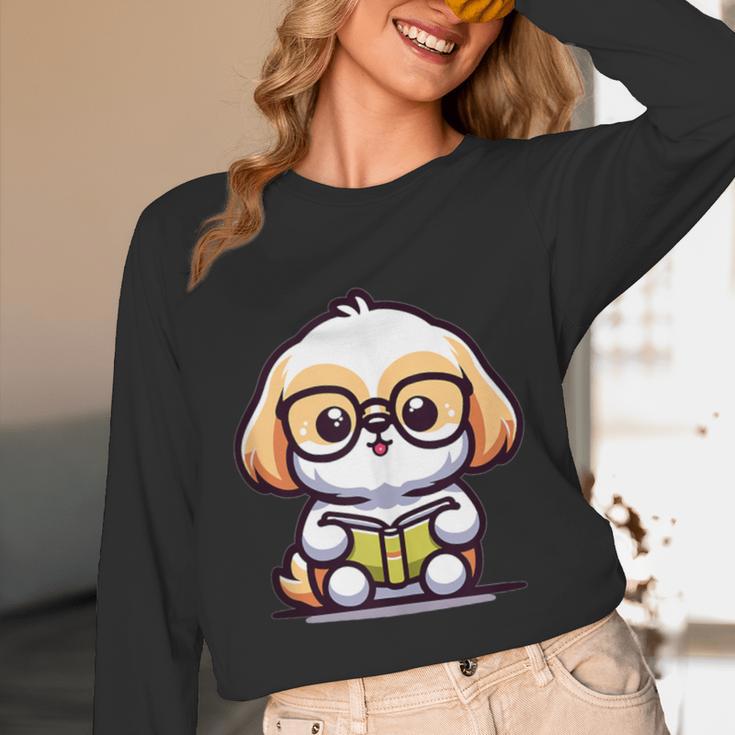 Adorable Book Lover Shih Tzu With Reading Glasses Cute Unisex Long Sleeve T-Shirt