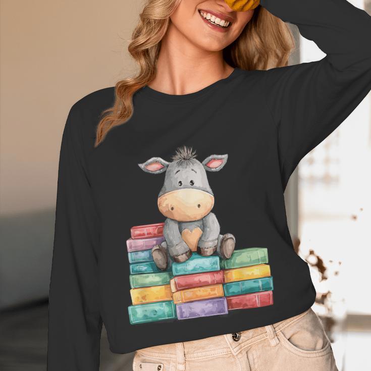 Adorable Donkey With Heart Sitting On Colorful Book Stack Unisex Long Sleeve T-Shirt