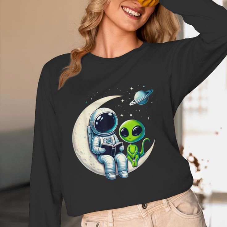 Astronaut Reading Book To Alien Shirt Moon Space Lover Kids Unisex Long Sleeve T-Shirt