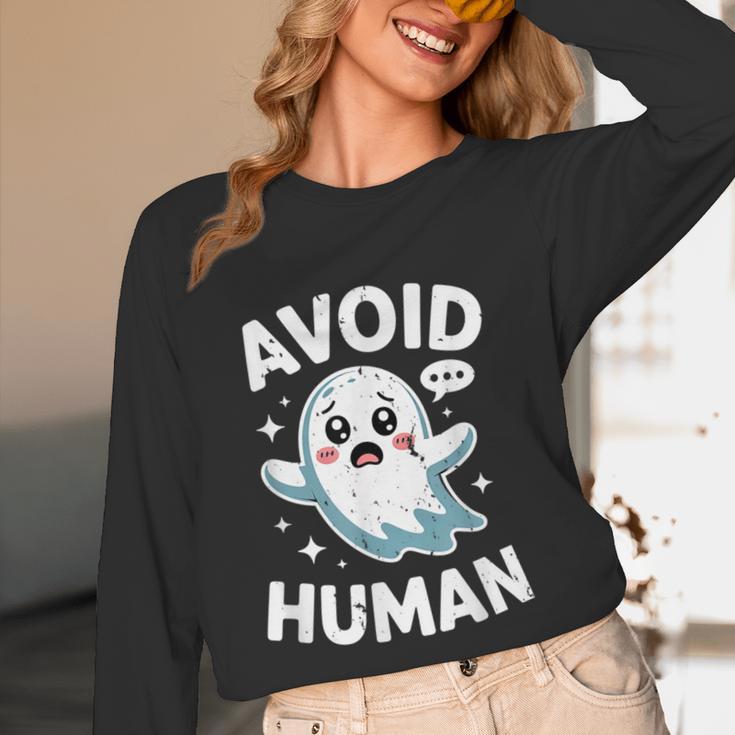 Avoid Humans Cute Kawaii Pastel Ghost Introvert Saying Unisex Long Sleeve T-Shirt