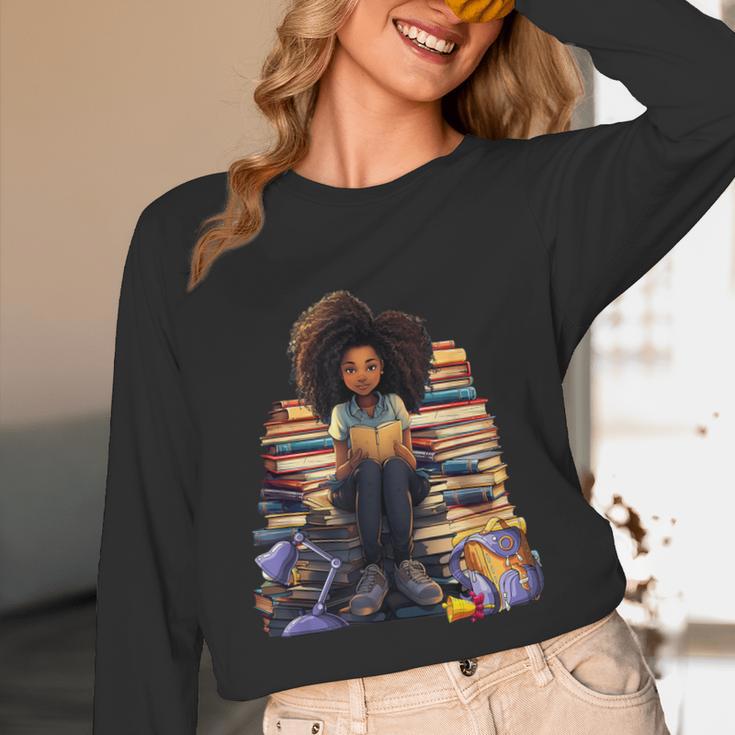 Back To School Afro Melanin Girl Reading Book Bookworm Unisex Long Sleeve T-Shirt