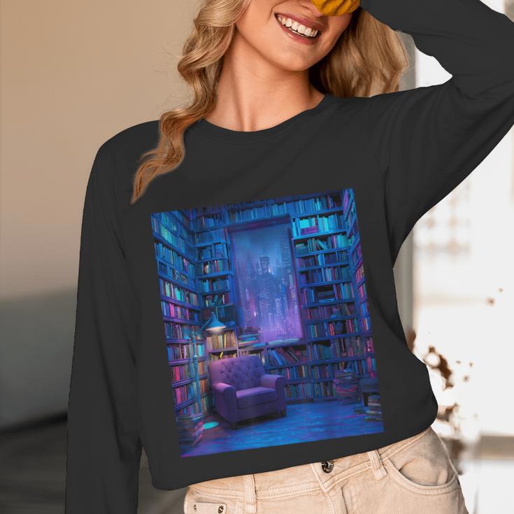 Book Library Bookshelf Armchair Window Pattern Print Unisex Long Sleeve T-Shirt Book Library Bookshelf Armchair Window Pattern Print Unisex Long Sleeve T-Shirt