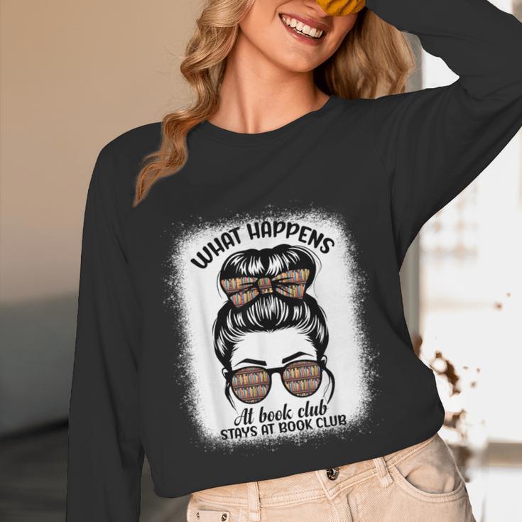Book Lover What Happens At Book Club Stays Messy Bun Girls Unisex Long Sleeve T-Shirt