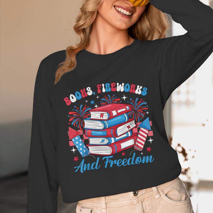 Books Fireworks And Freedom Independence Day Book Lover Unisex Long Sleeve T-Shirt