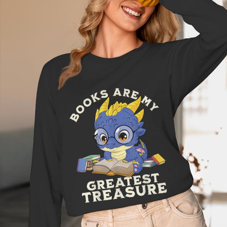 Books Are My Greatest Treasure Kawaii Dragon Reading Books Unisex Long Sleeve T-Shirt