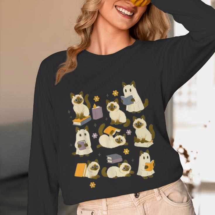 Books Lover Bookish Ghost Himalayan Cat Reading Halloween Unisex Long Sleeve T-Shirt