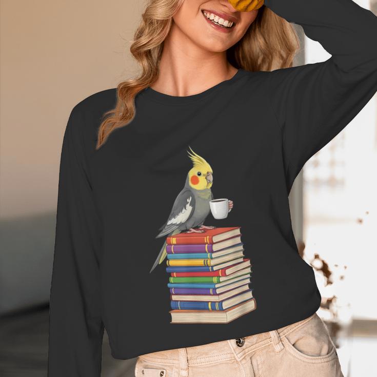 Bookworm Cockatiel Bird Reading Books Drinking Coffee Lover Unisex Long Sleeve T-Shirt