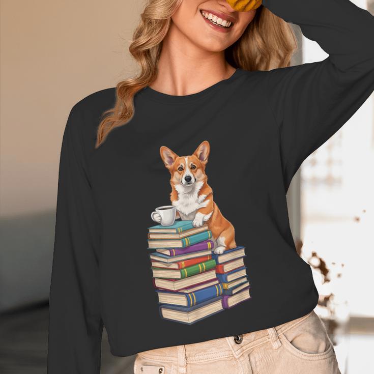 Bookworm Corgi Reading Books Drinking Coffee Dog Lover Unisex Long Sleeve T-Shirt