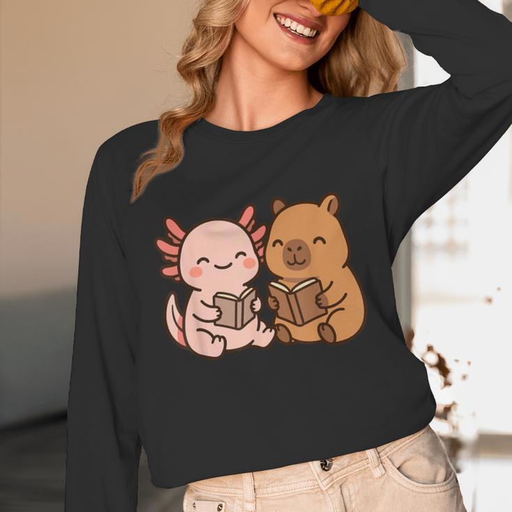 Capybara Axolotl Kawaii Kids Anime Book Lover Reading Unisex Long Sleeve T-Shirt