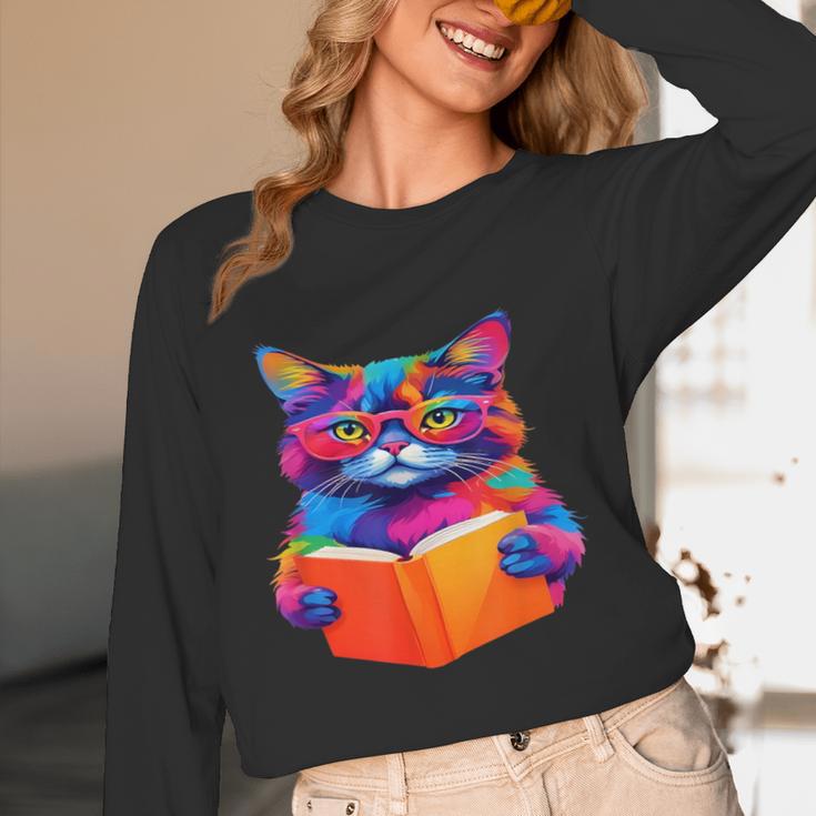 Cat Book Shirt Colorful Cat Reading Book Unisex Long Sleeve T-Shirt Cat Book Shirt Colorful Cat Reading Book Unisex Long Sleeve T-Shirt