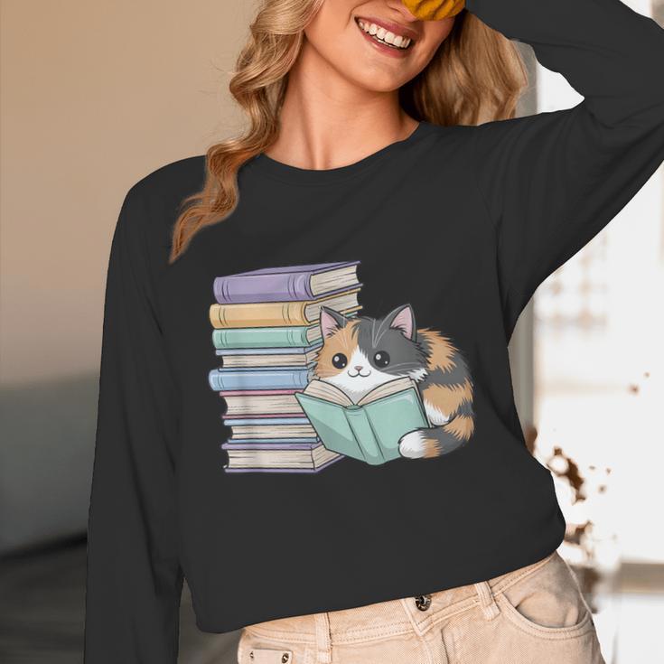 Cat On Books Pets Cats Reading Book Nerd Read Reader Bookcat Unisex Long Sleeve T-Shirt