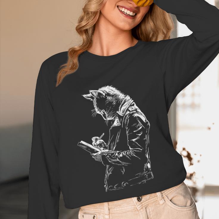 Cat Holds Book Writing Animal Print Motif Drawing Art Cat Unisex Long Sleeve T-Shirt Cat Holds Book Writing Animal Print Motif Drawing Art Cat Unisex Long Sleeve T-Shirt